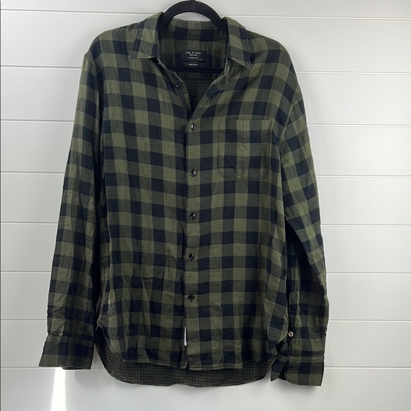 Rag & bone lightweight button down plaid black green gauze cotton size L classic - Picture 1 of 8